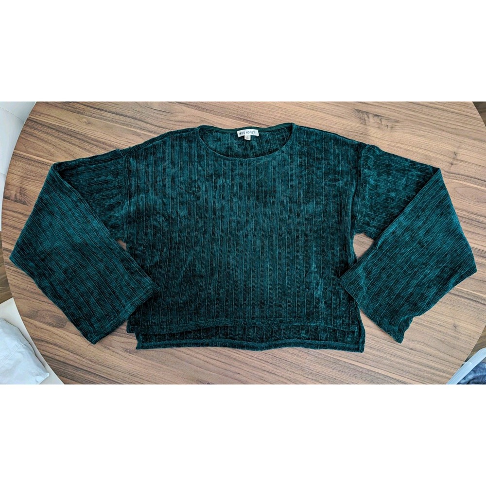 Wild Honey Women's L Green Chenille Ribbed Sweater Bell Sleeve Cropped Pullover
